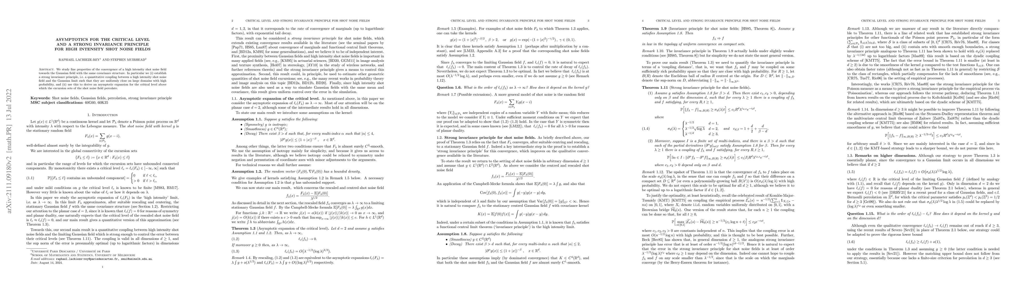 Thumbnail for Asymptotics for the critical level and a strong invariance principle for
  high intensity shot noise fields