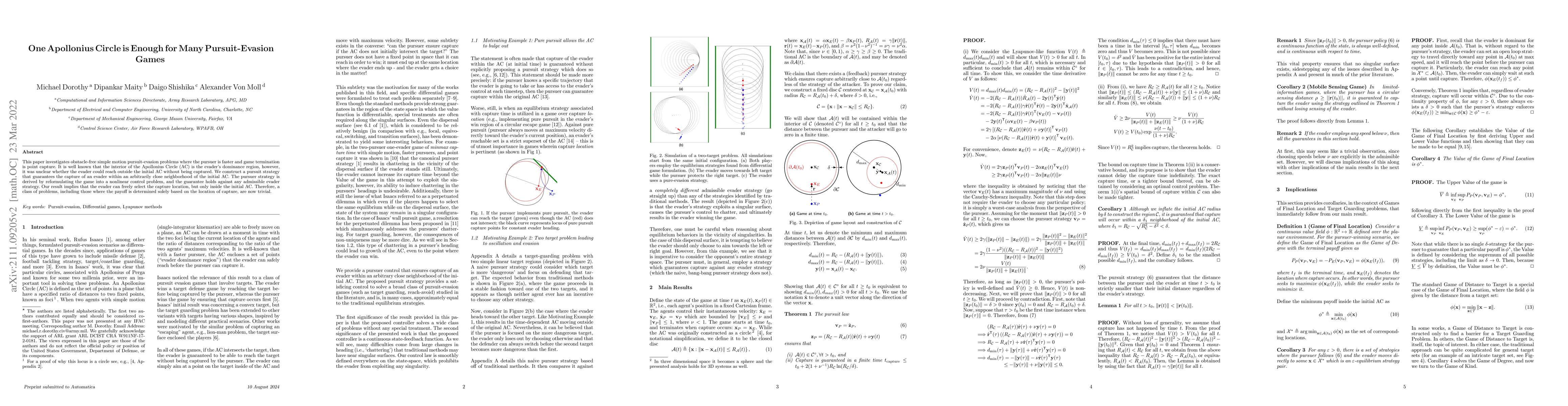 Thumbnail for One Apollonius Circle is Enough for Many Pursuit-Evasion Games