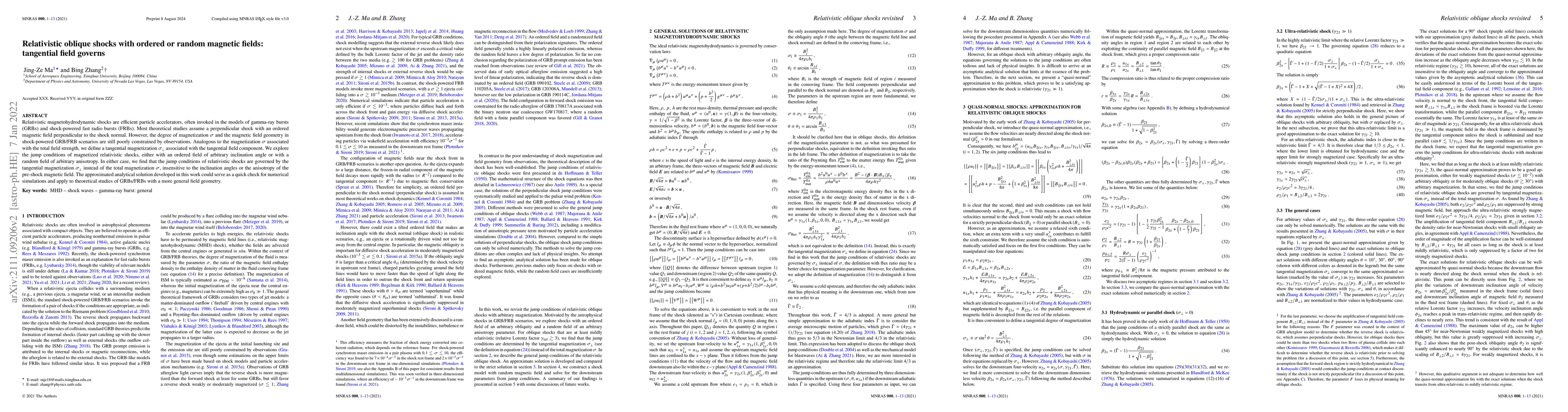 Thumbnail for Relativistic oblique shocks with ordered or random magnetic fields:
  tangential field governs