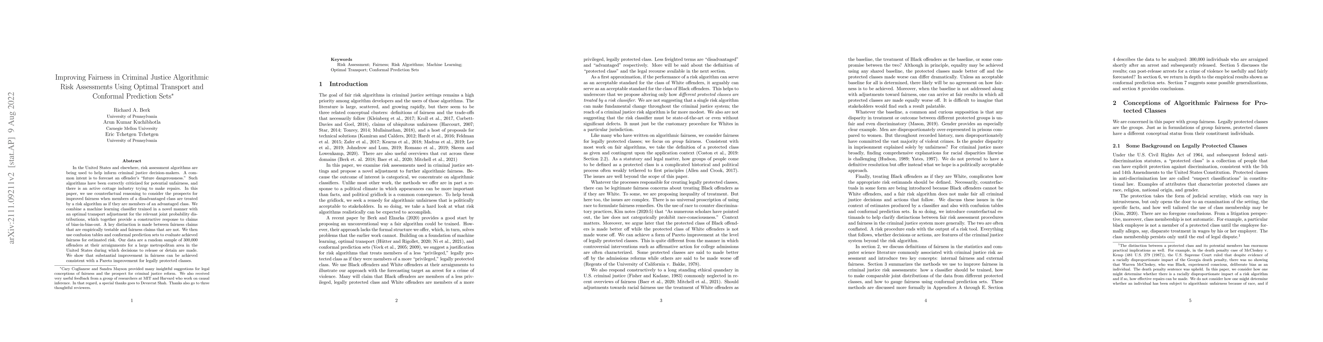 Thumbnail for Improving Fairness in Criminal Justice Algorithmic Risk Assessments
  Using Optimal Transport and Conformal Prediction Sets