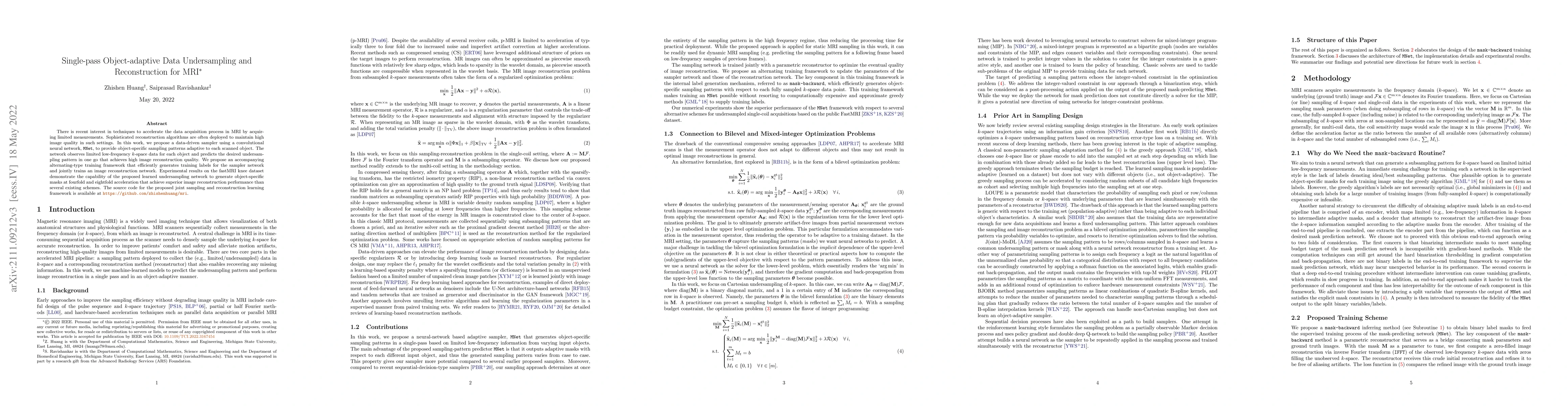 Thumbnail for Single-pass Object-adaptive Data Undersampling and Reconstruction for
  MRI