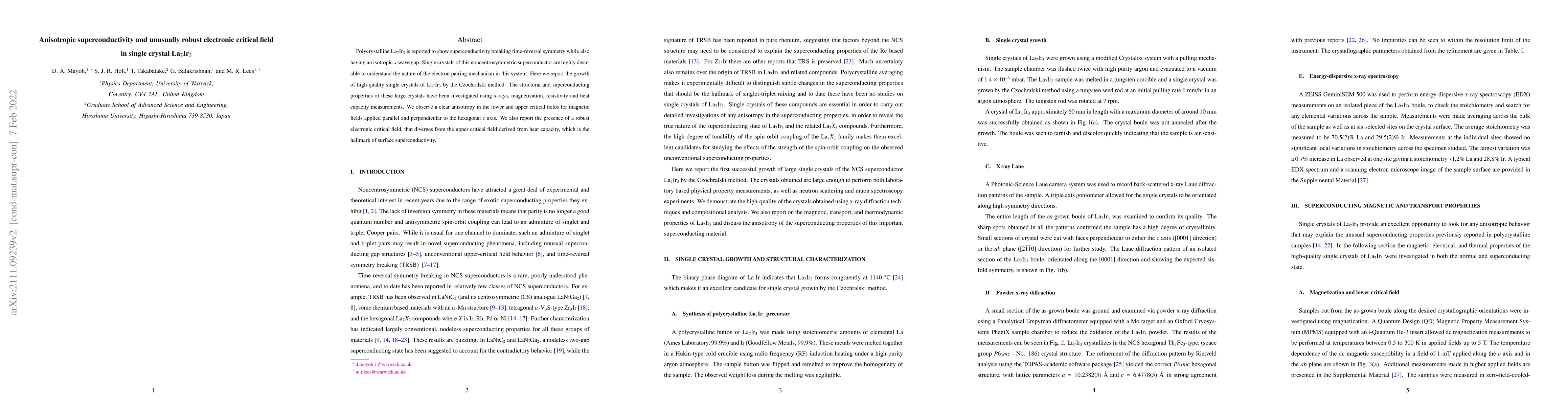 Thumbnail for Anisotropic superconductivity and unusually robust electronic critical
  field in single crystal La$_{7}$Ir$_{3}$