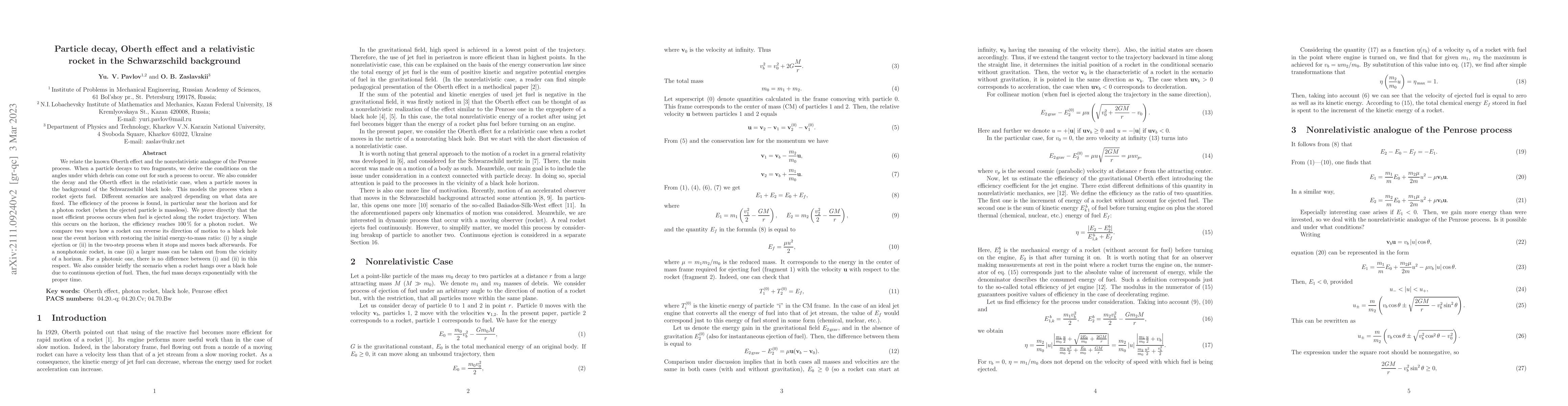 Thumbnail for Particle decay, Oberth effect and a relativistic rocket in the
  Schwarzschild background
