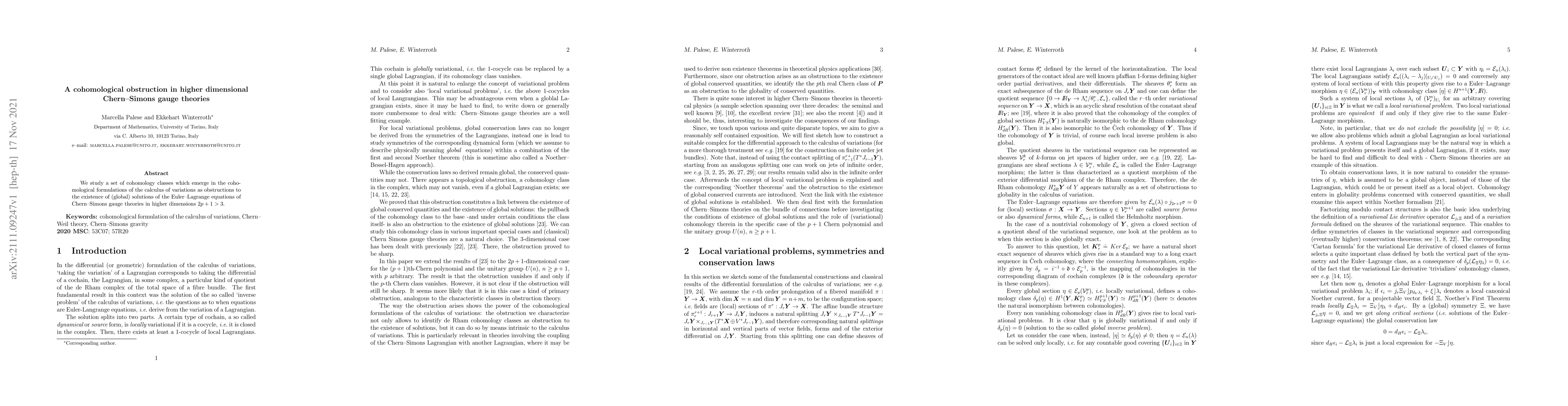 Thumbnail for A cohomological obstruction in higher dimensional Chern--Simons gauge
  theories
