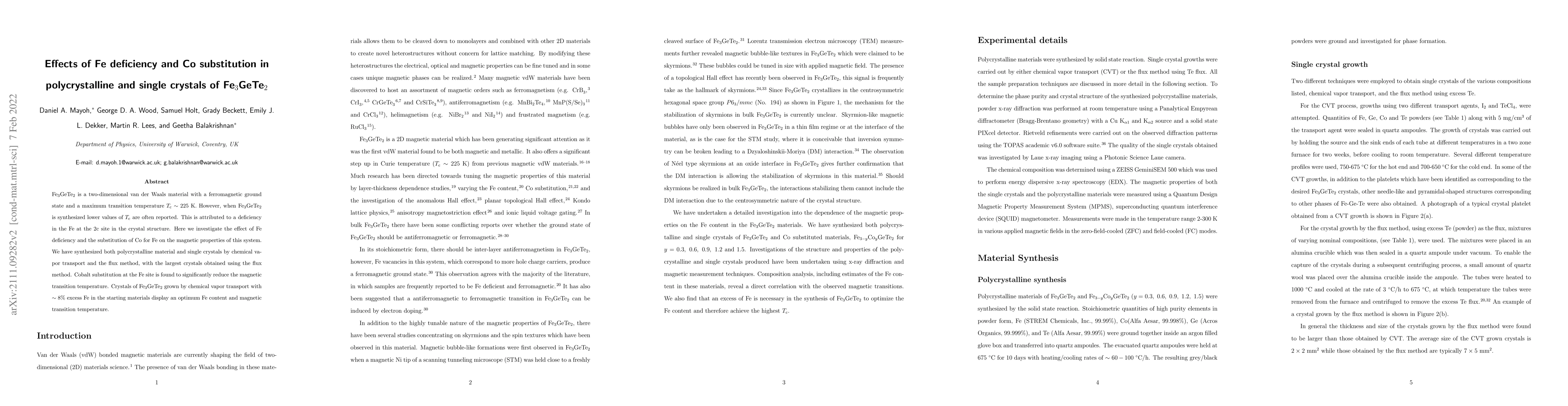 Thumbnail for Effects of Fe deficiency and Co substitution in polycrystalline and
  single crystals of Fe$_{3}$GeTe$_{2}$