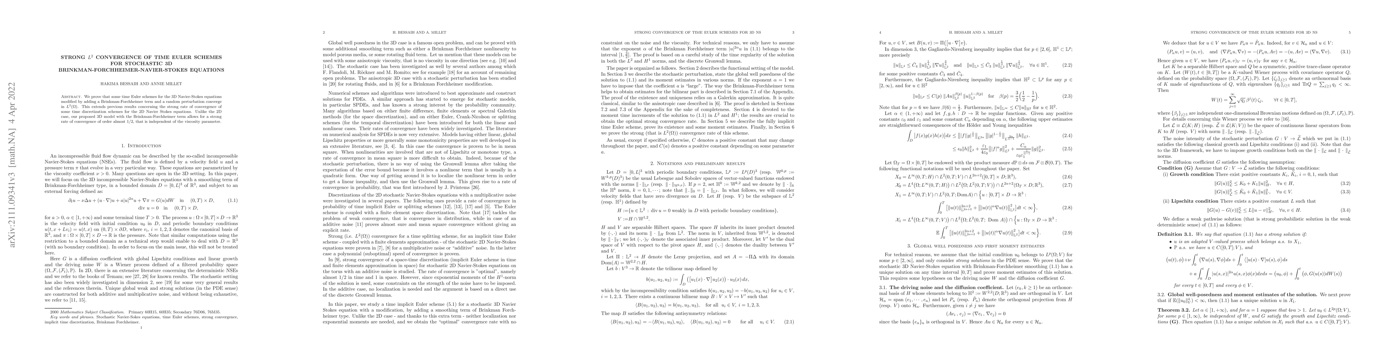 Thumbnail for Strong L2 convergence of time Euler schemes for stochastic 3D
  Brinkman-Forchheimer-Navier-Stokes equations