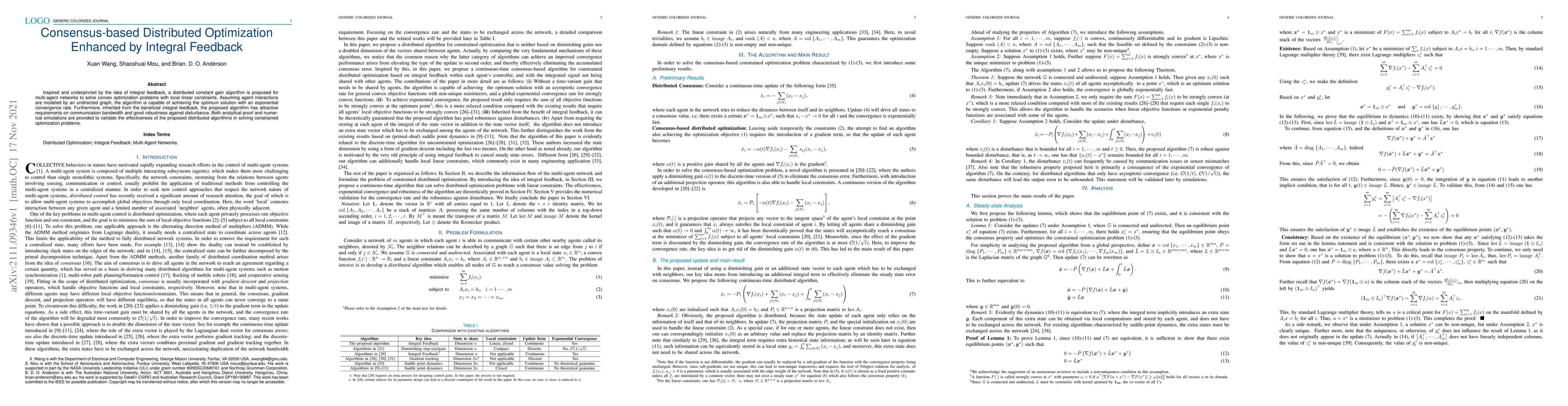Thumbnail for Consensus-based Distributed Optimization Enhanced by Integral Feedback