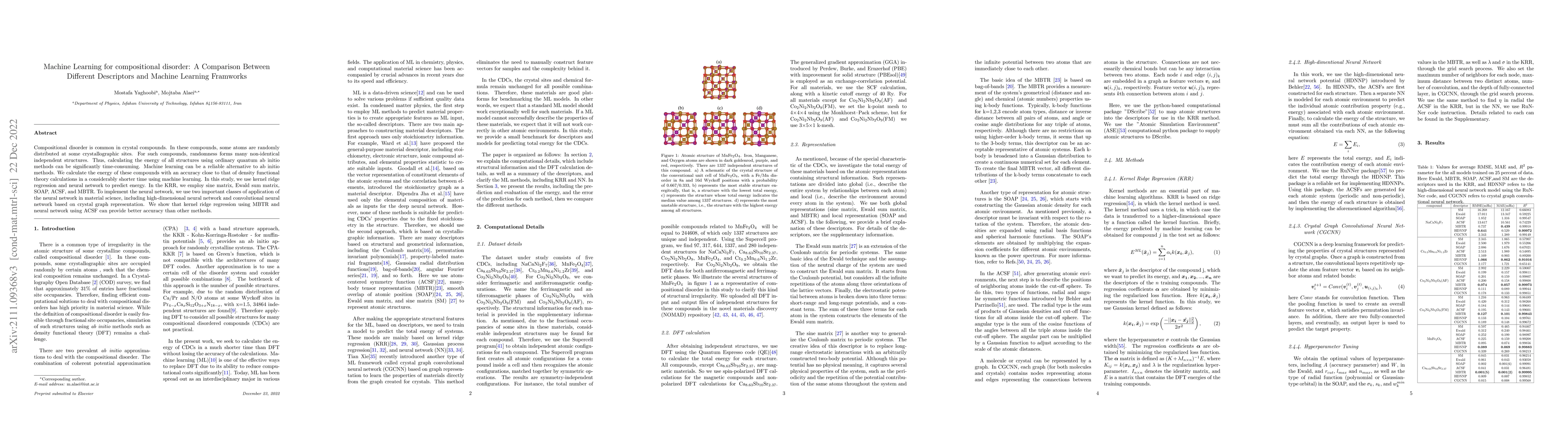 Thumbnail for Machine Learning for compositional disorder: A Comparison Between
  Different Descriptors and Machine Learning Frameworks