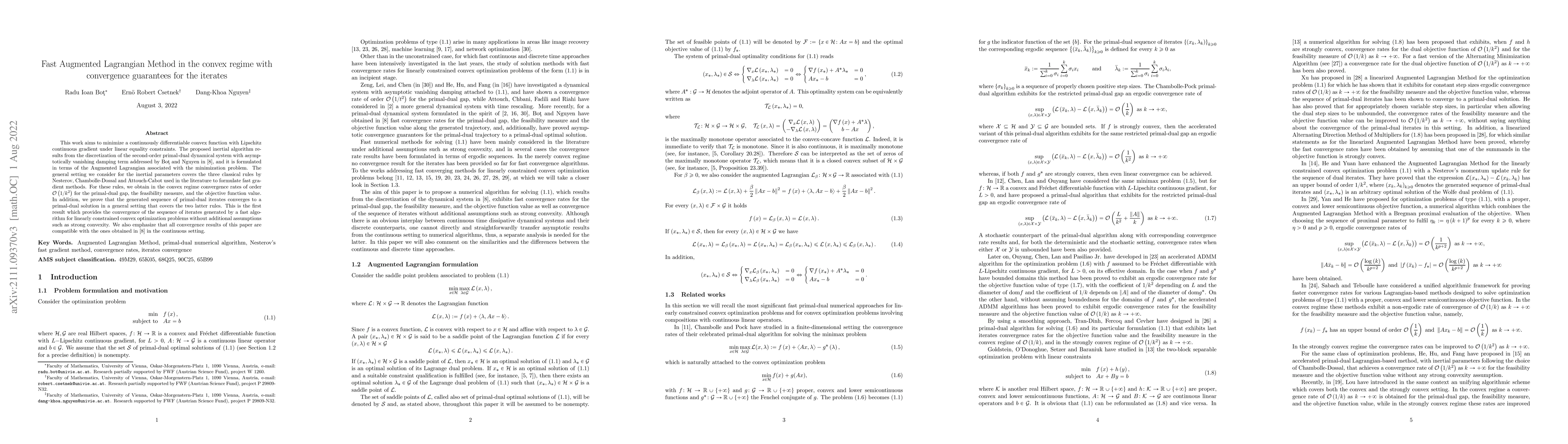 Thumbnail for Fast Augmented Lagrangian Method in the convex regime with convergence
  guarantees for the iterates