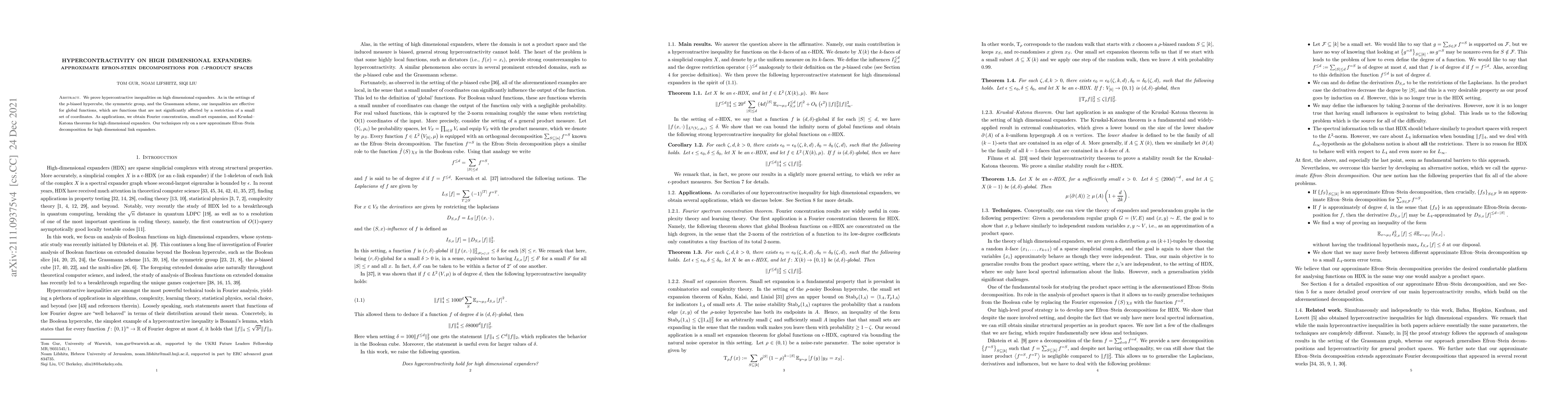 Thumbnail for Hypercontractivity on High Dimensional Expanders: Approximate
  Efron-Stein Decompositions for $\varepsilon$-Product Spaces