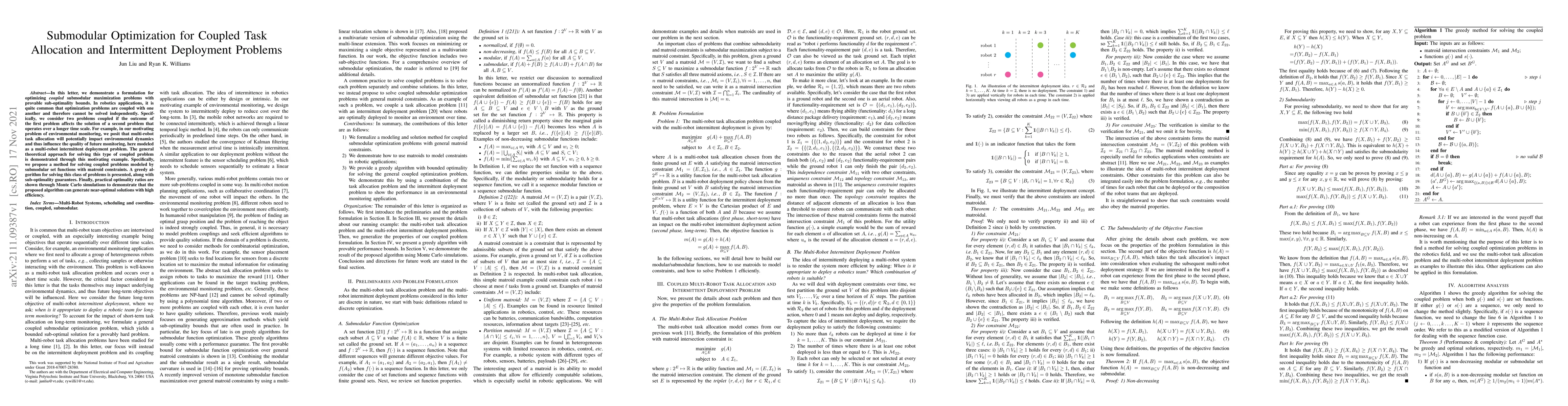 Thumbnail for Submodular Optimization for Coupled Task Allocation and Intermittent
  Deployment Problems