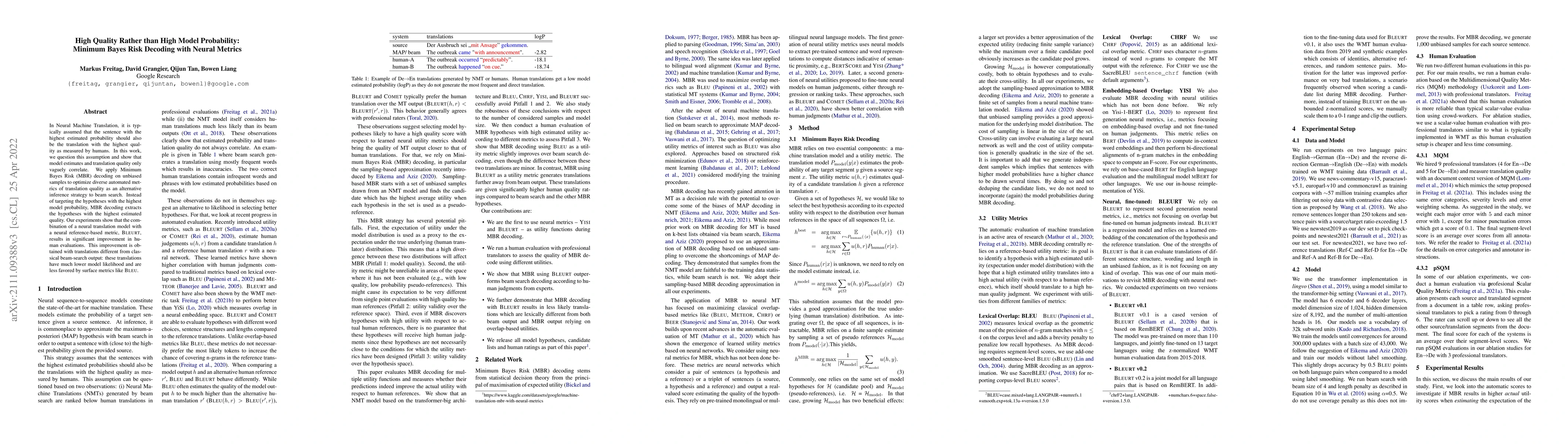 Thumbnail for High Quality Rather than High Model Probability: Minimum Bayes Risk
  Decoding with Neural Metrics