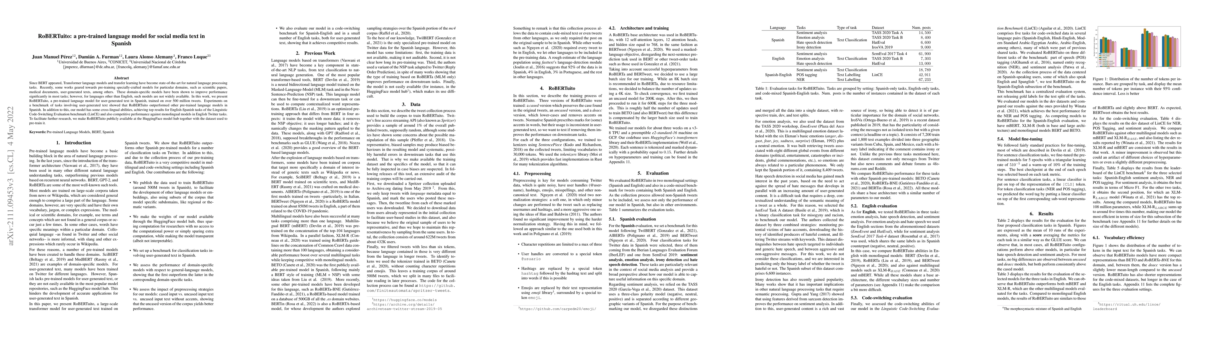 Thumbnail for RoBERTuito: a pre-trained language model for social media text in
  Spanish