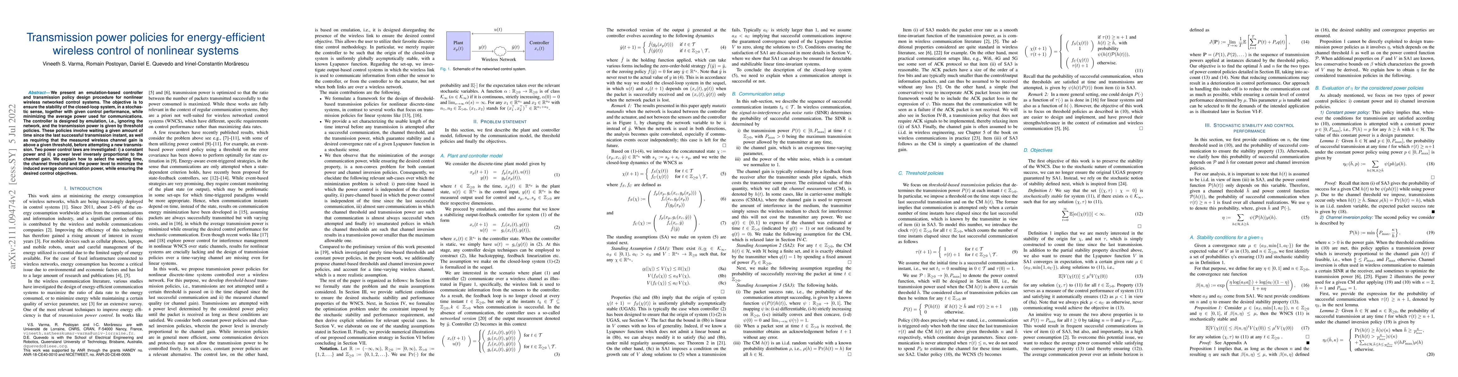 Thumbnail for Transmission power policies for energy-efficient wireless control of
  nonlinear system