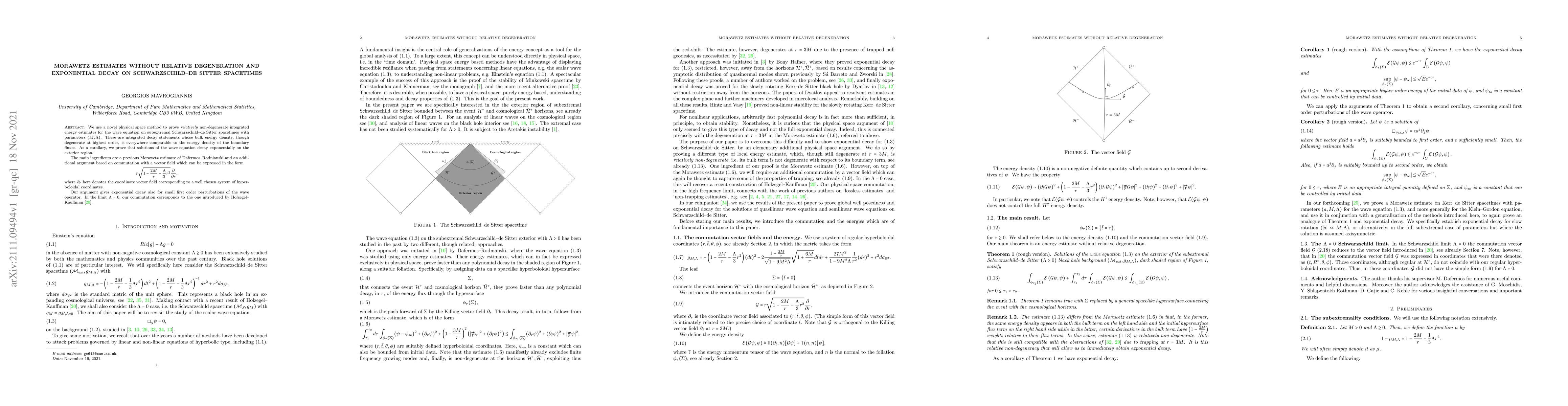 Thumbnail for Morawetz estimates without relative degeneration and exponential decay
  on Schwarzschild-de Sitter spacetimes