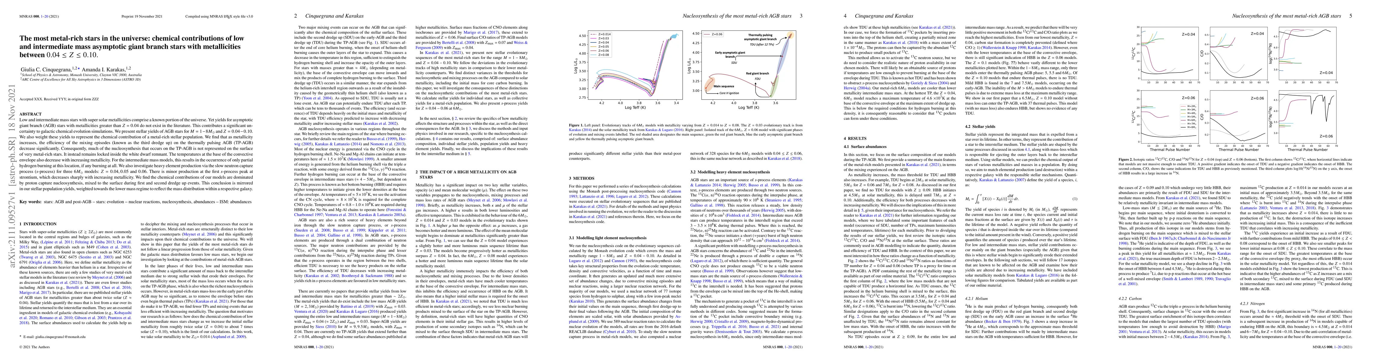 Thumbnail for The most metal-rich stars in the universe: chemical contributions of low
  and intermediate mass asymptotic giant branch stars with metallicities
  between $0.04 \leq Z \leq 0.10.$