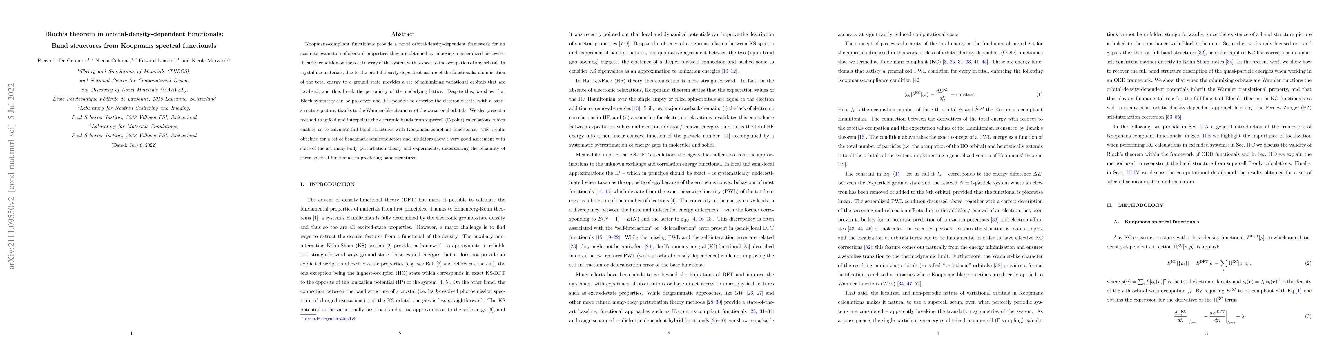 Thumbnail for Bloch's theorem in orbital-density-dependent functionals: Band
  structures from Koopmans spectral functionals