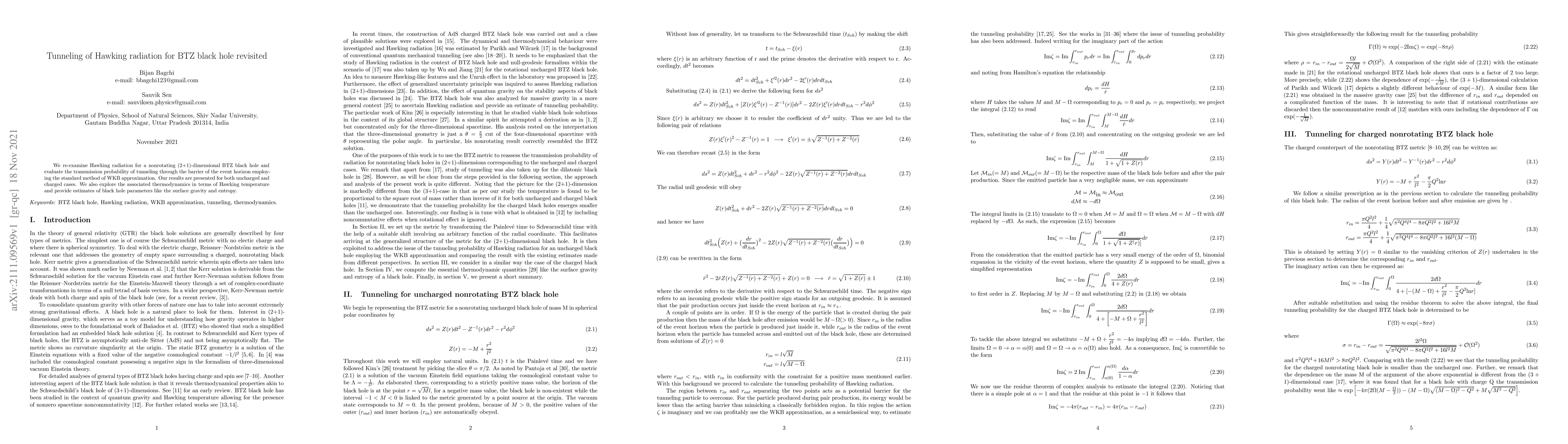 Thumbnail for Tunneling of Hawking radiation for BTZ black hole revisited