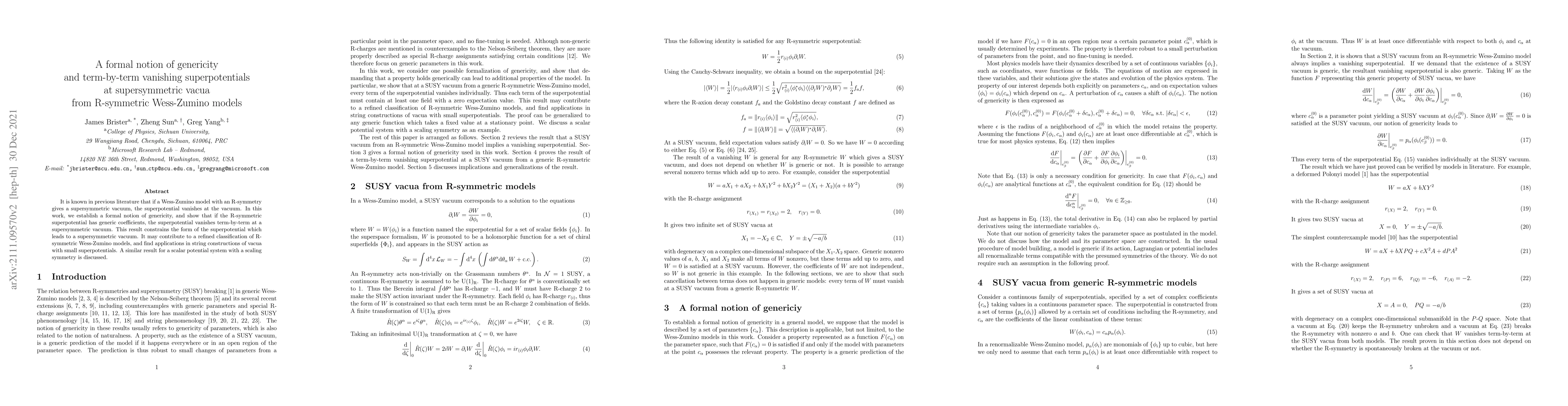 Thumbnail for A formal notion of genericity and term-by-term vanishing superpotentials
  at supersymmetric vacua from R-symmetric Wess-Zumino models