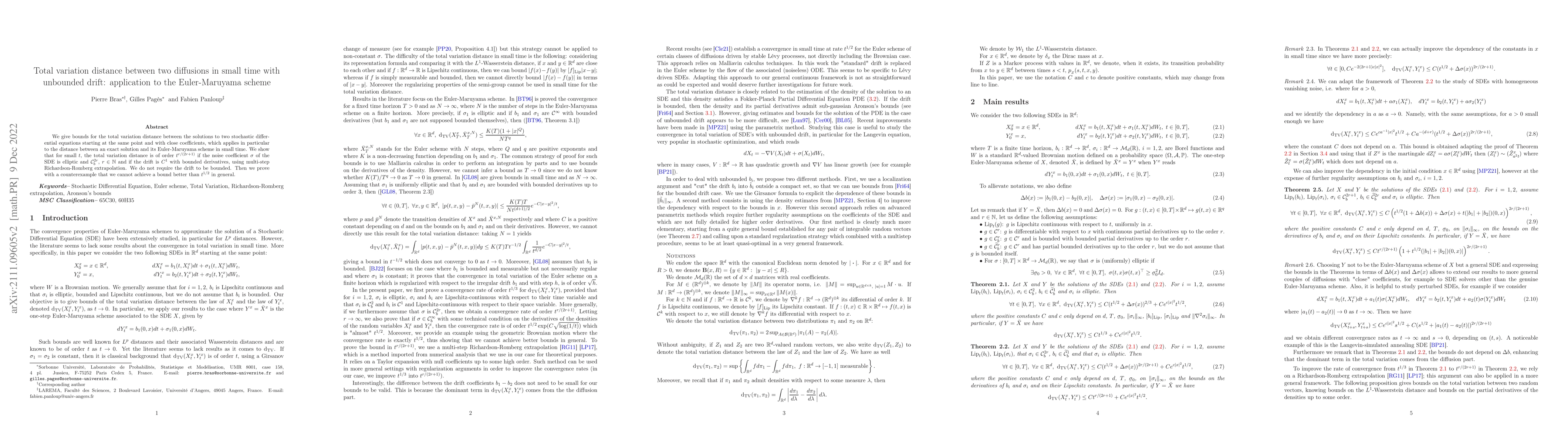 Thumbnail for Total variation distance between two diffusions in small time with
  unbounded drift: application to the Euler-Maruyama scheme