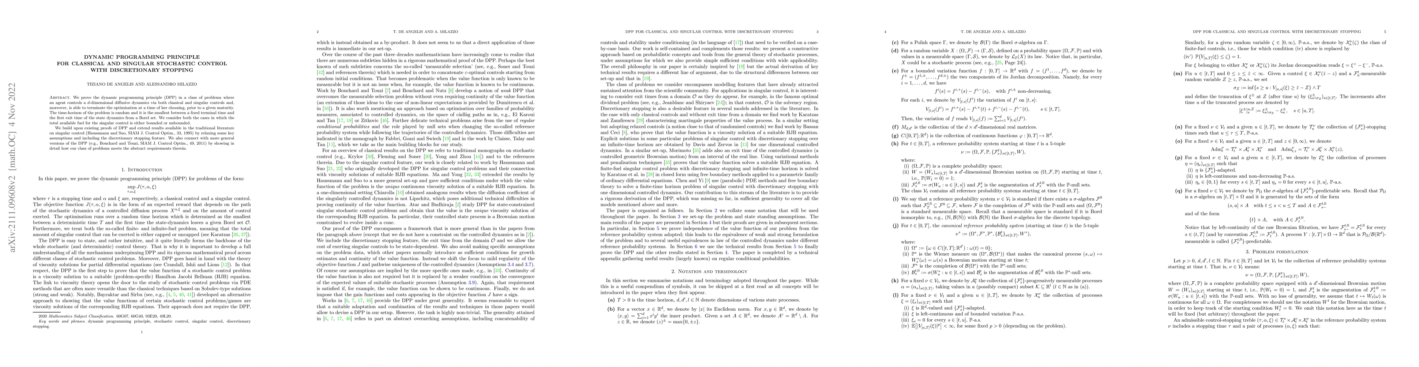 Thumbnail for Dynamic programming principle for classical and singular stochastic
  control with discretionary stopping