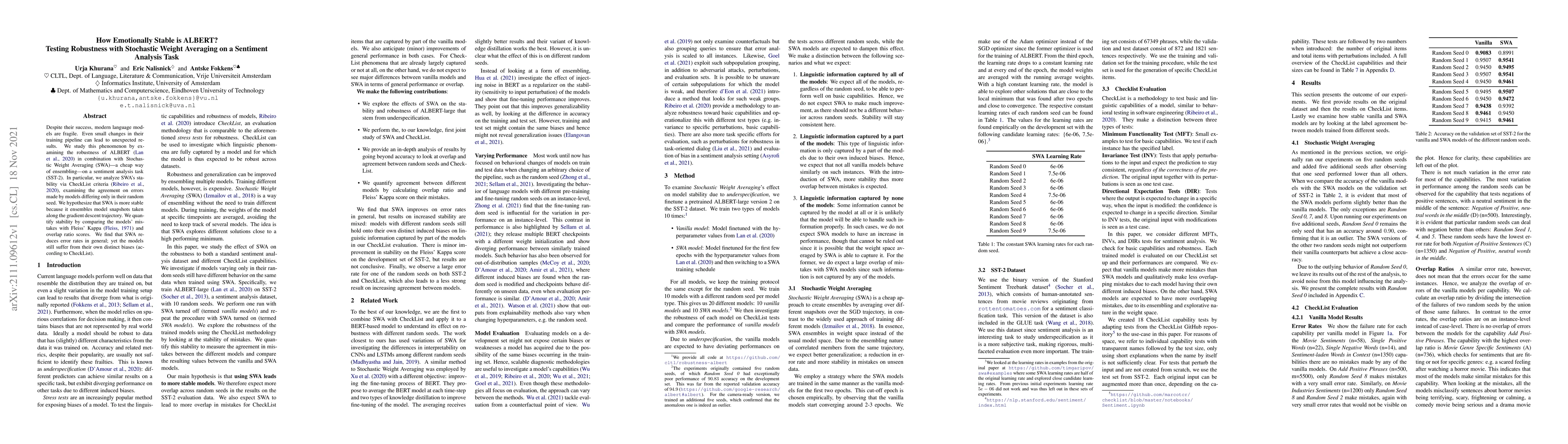 Thumbnail for How Emotionally Stable is ALBERT? Testing Robustness with Stochastic
  Weight Averaging on a Sentiment Analysis Task