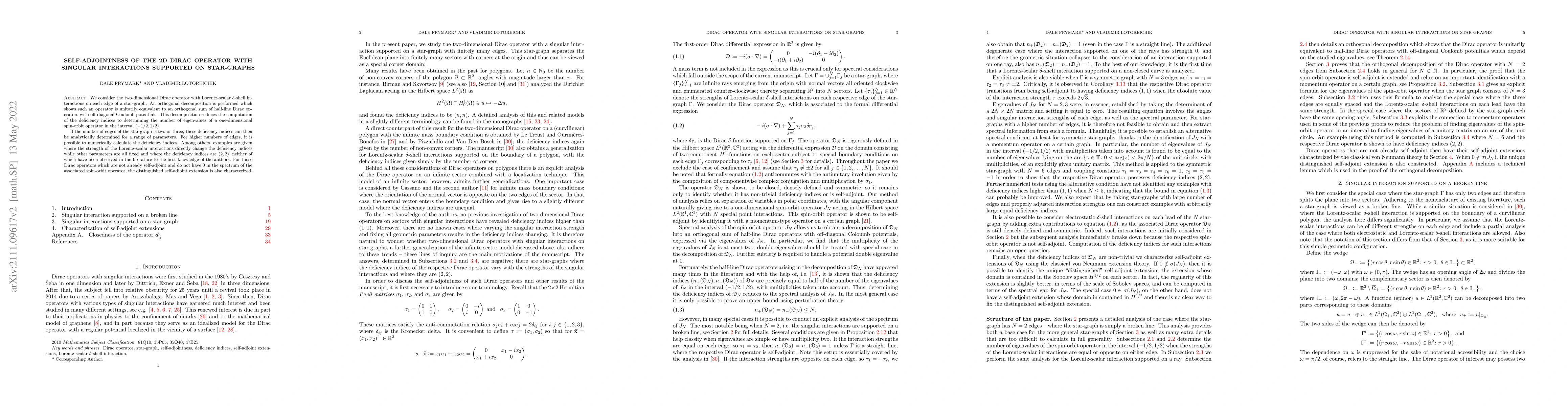 Thumbnail for Self-adjointness of the 2D Dirac operator with singular interactions
  supported on star-graphs