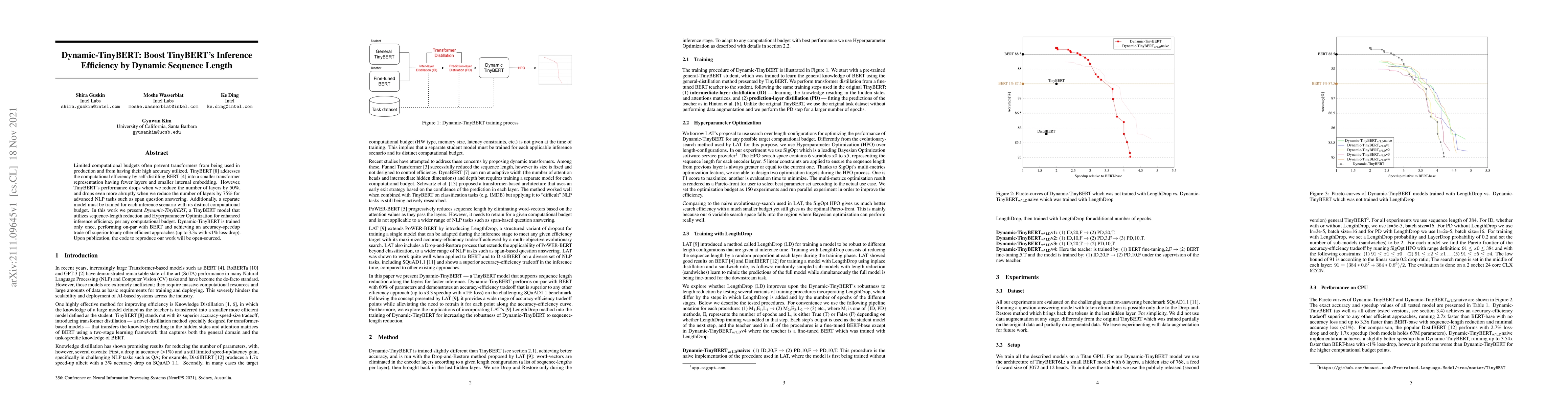 Thumbnail for Dynamic-TinyBERT: Boost TinyBERT's Inference Efficiency by Dynamic
  Sequence Length