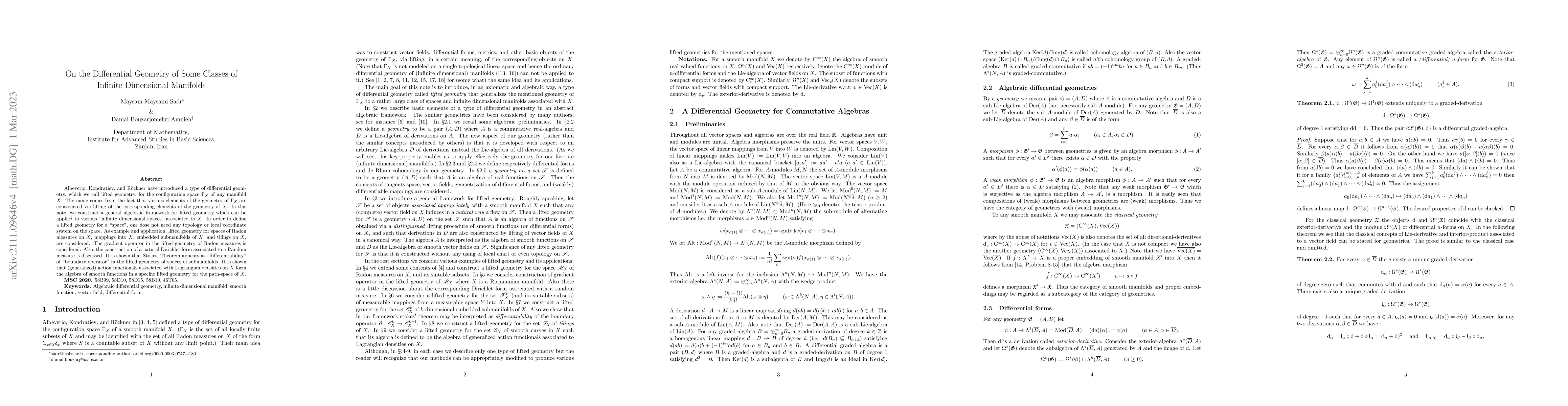 Thumbnail for On the Differential Geometry of Some Classes of Infinite Dimensional
  Manifolds