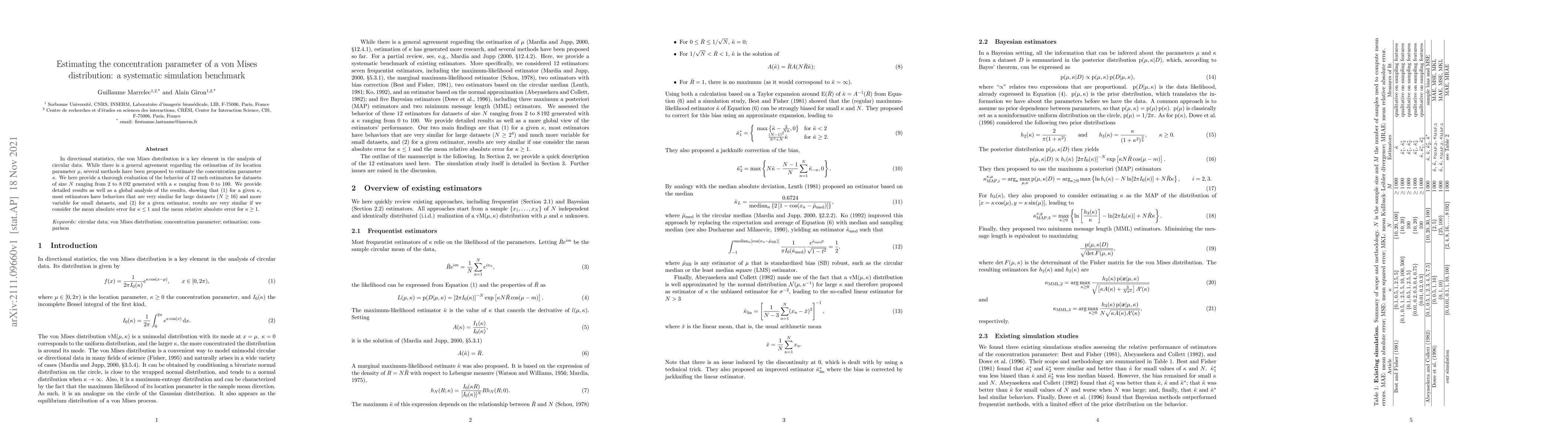Thumbnail for Estimating the concentration parameter of a von Mises distribution: a
  systematic simulation benchmark