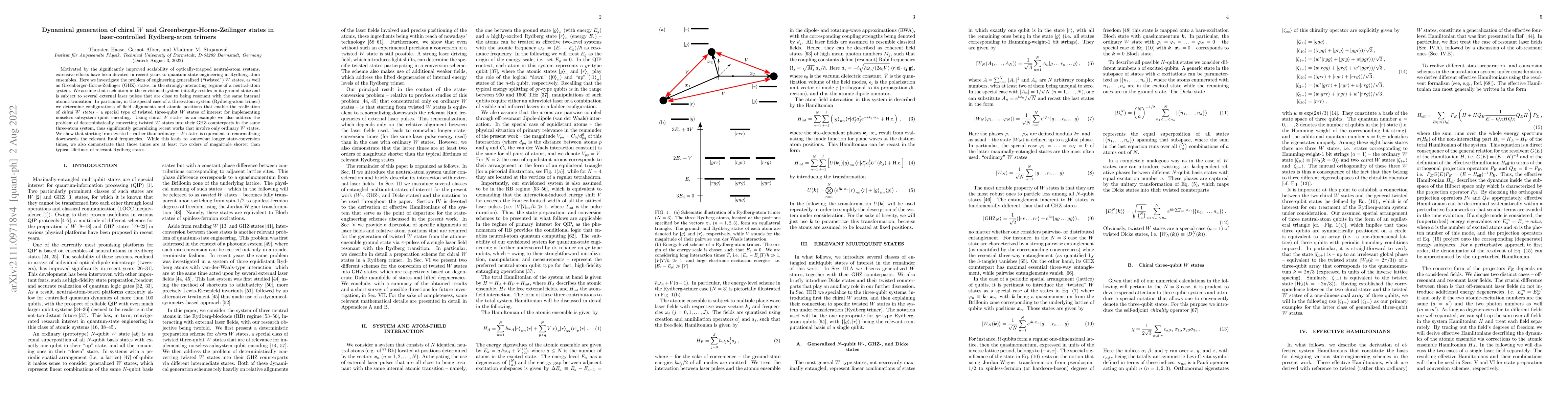 Thumbnail for Dynamical generation of chiral $W$ and Greenberger-Horne-Zeilinger
  states in laser-controlled Rydberg-atom trimers