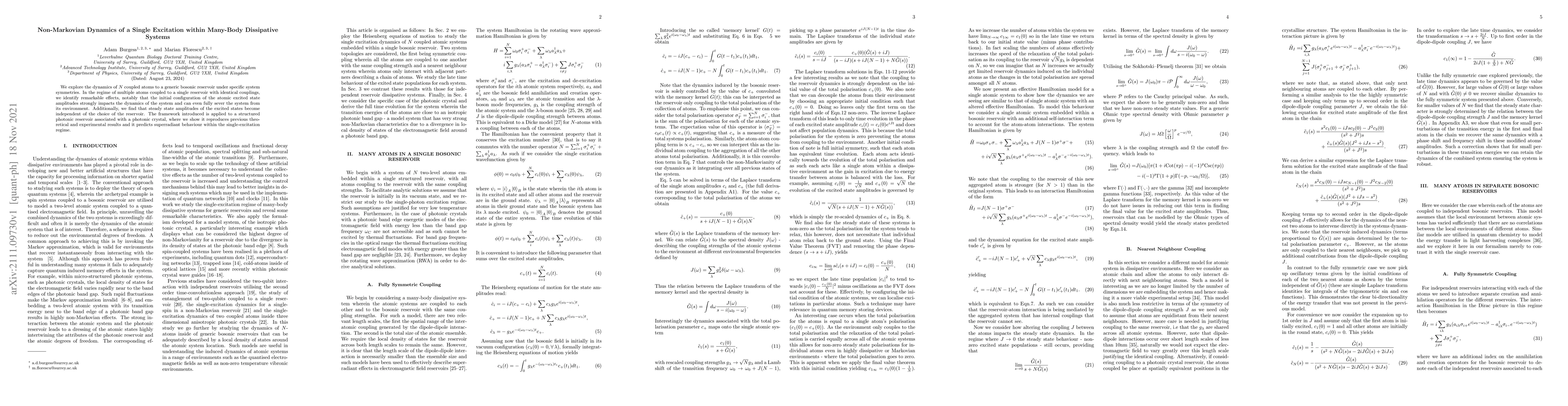 Thumbnail for Non-Markovian Dynamics of a Single Excitation within Many-Body
  Dissipative Systems