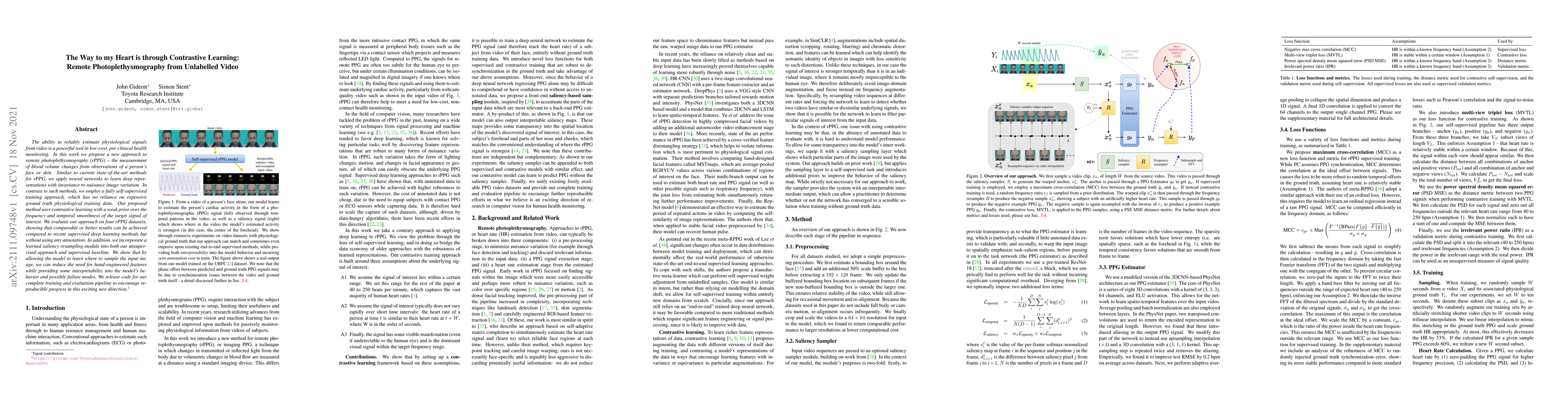 Thumbnail for The Way to my Heart is through Contrastive Learning: Remote
  Photoplethysmography from Unlabelled Video