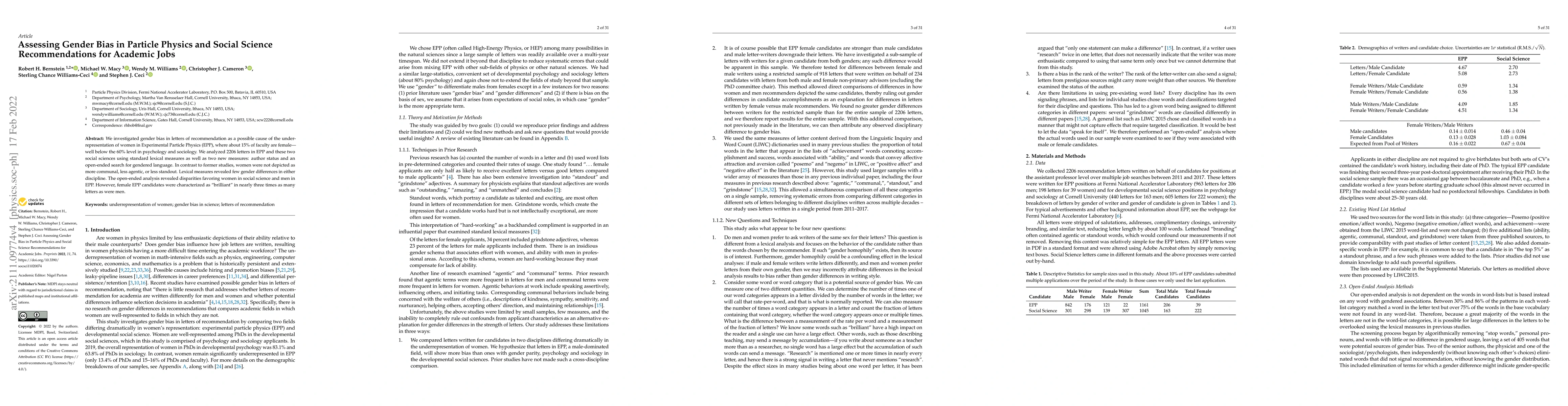 Thumbnail for Assessing Gender Bias in Particle Physics and Social Science
  Recommendations for Academic Jobs