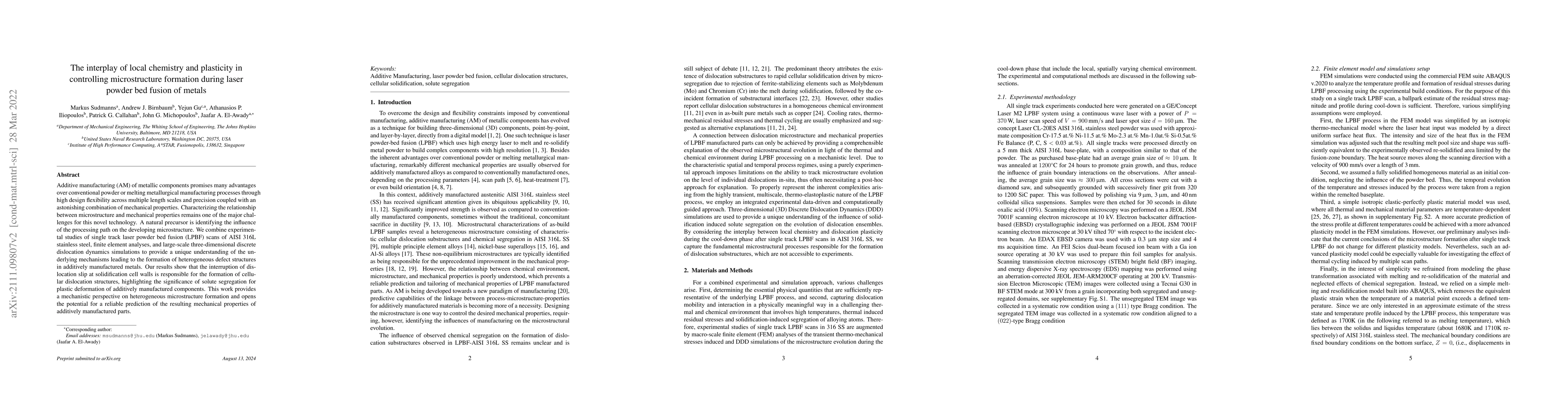 Thumbnail for The interplay of local chemistry and plasticity in controlling
  microstructure formation during laser powder bed fusion of metals