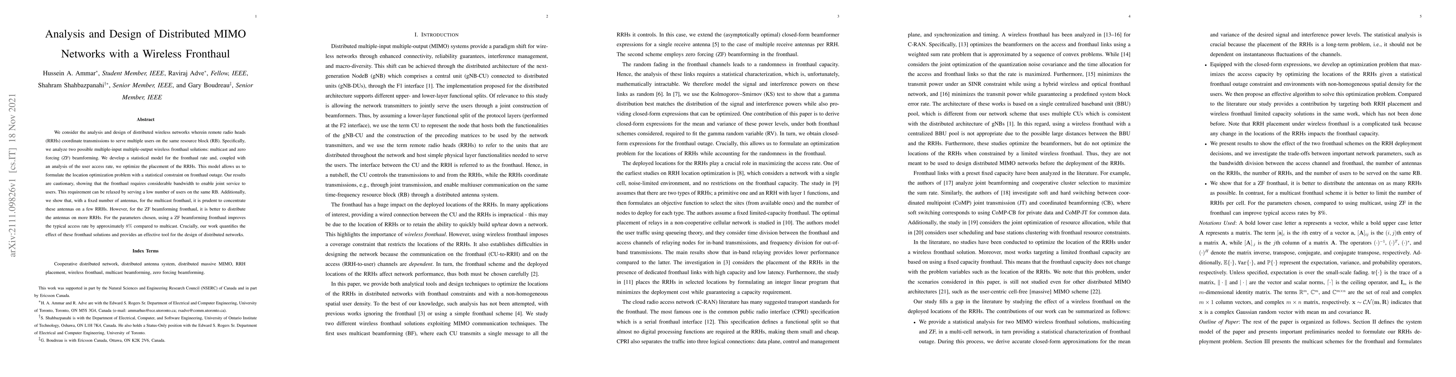 Thumbnail for Analysis and Design of Distributed MIMO Networks with a Wireless
  Fronthaul