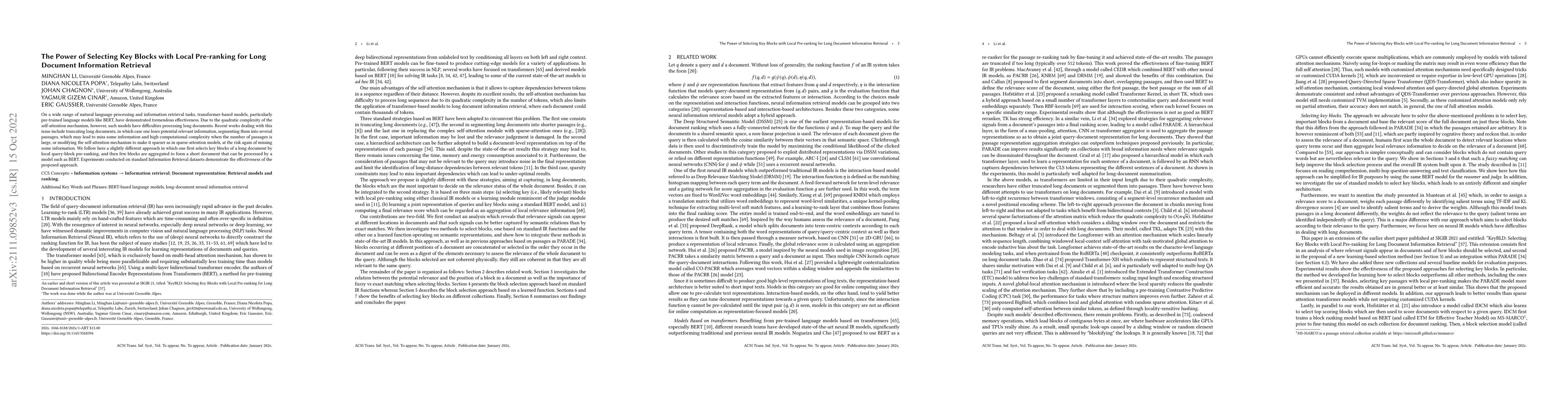 Thumbnail for The Power of Selecting Key Blocks with Local Pre-ranking for Long
  Document Information Retrieval