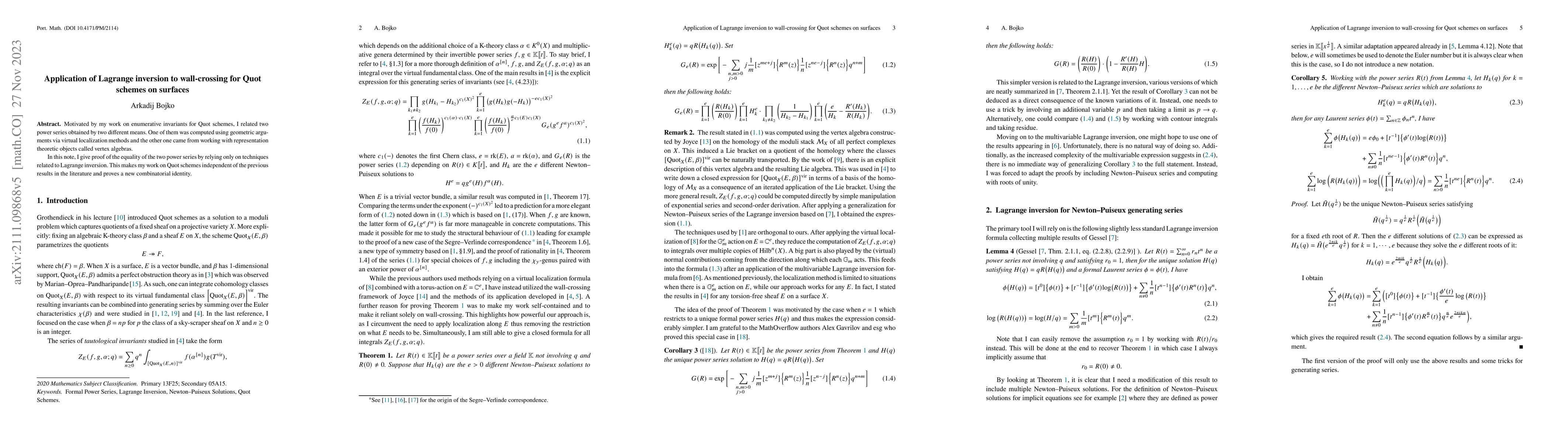 Thumbnail for Application of Lagrange inversion to wall-crossing for Quot schemes on
  surfaces