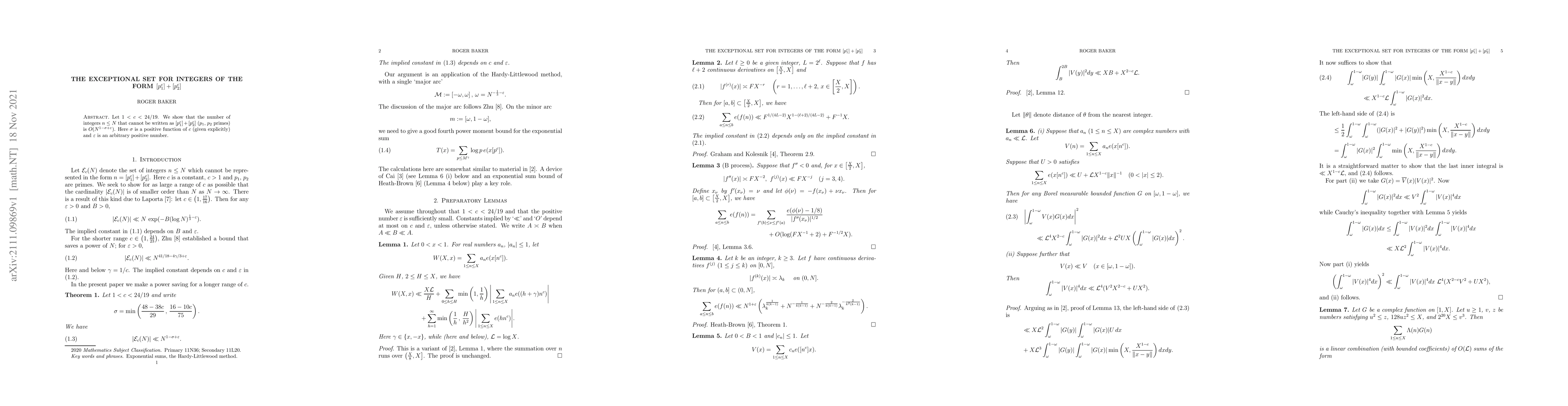 Thumbnail for The exceptional set for integers of the form $[(p_1)^c] + [(p_2)^c]$