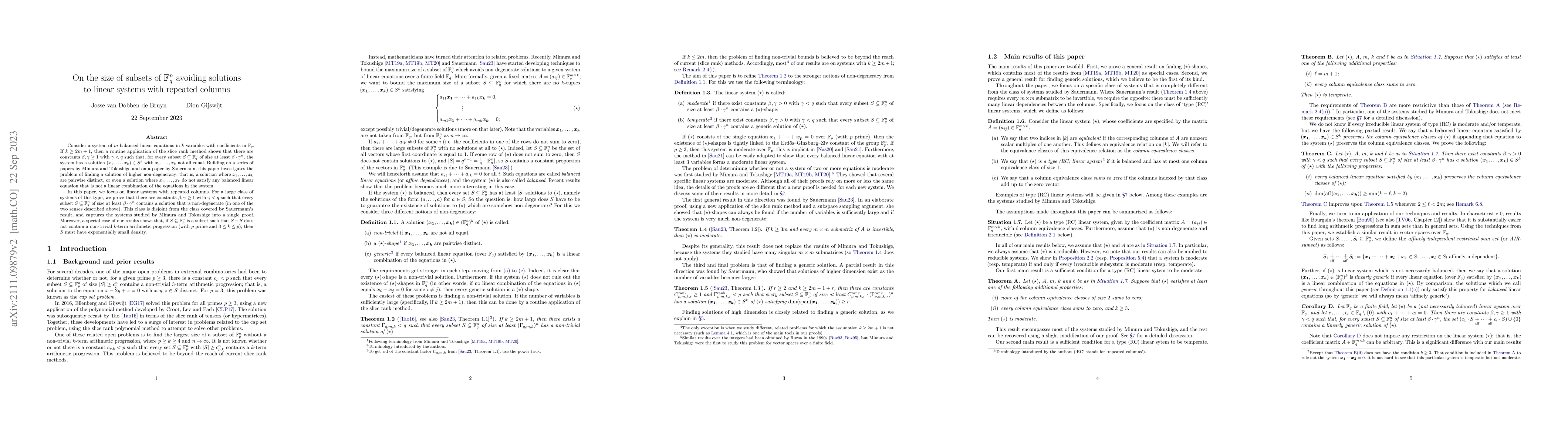 Thumbnail for On the size of subsets of $\mathbb{F}_q^n$ avoiding solutions to linear
  systems with repeated columns