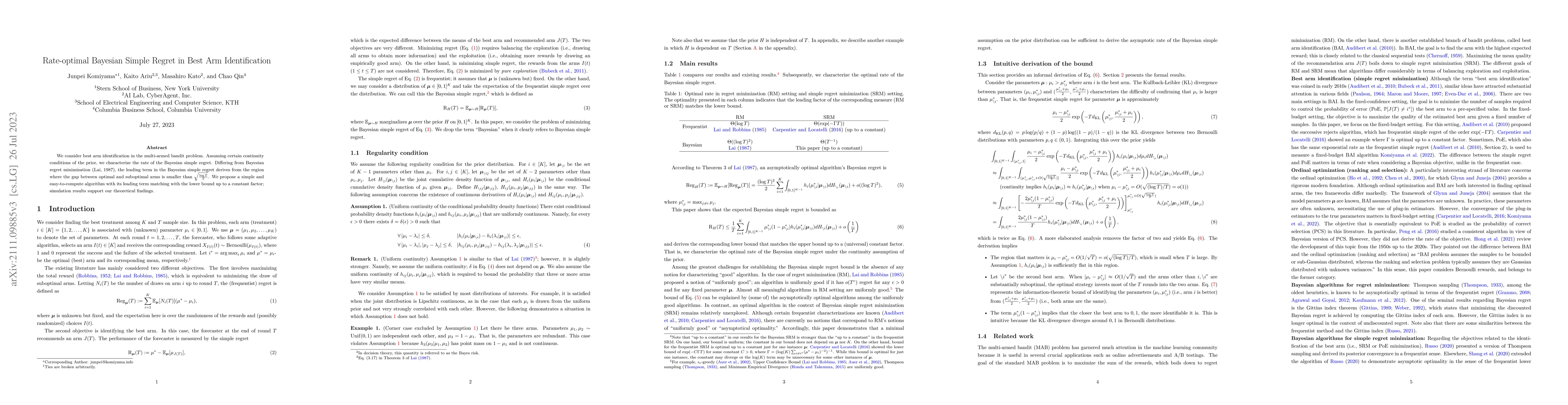 Thumbnail for Rate-optimal Bayesian Simple Regret in Best Arm Identification