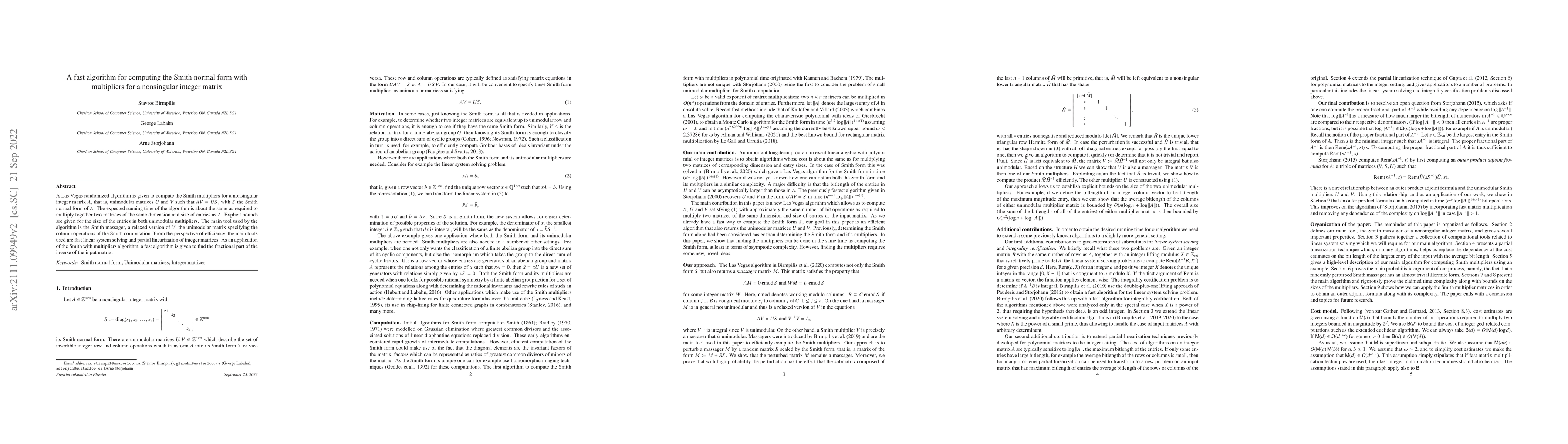 Thumbnail for A fast algorithm for computing the Smith normal form with multipliers
  for a nonsingular integer matrix