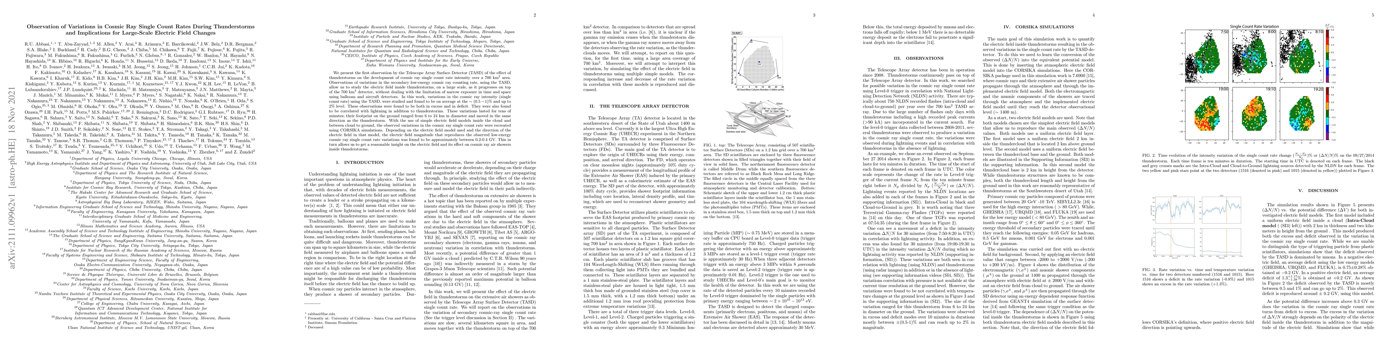 Thumbnail for Observation of Variations in Cosmic Ray Single Count Rates During
  Thunderstorms and Implications for Large-Scale Electric Field Changes