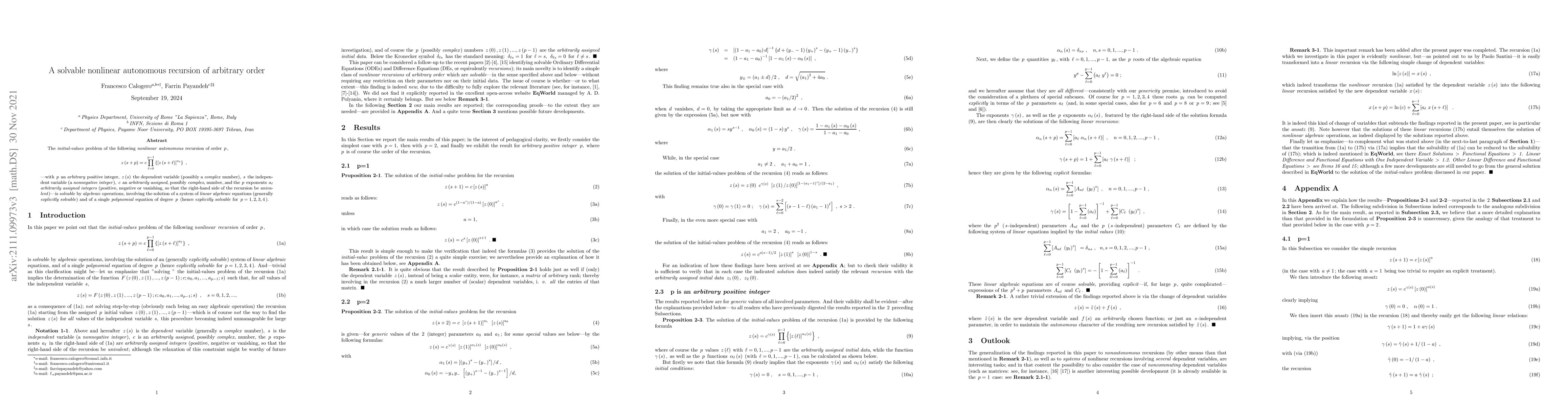 Thumbnail for A solvable nonlinear autonomous recursion of arbitrary order