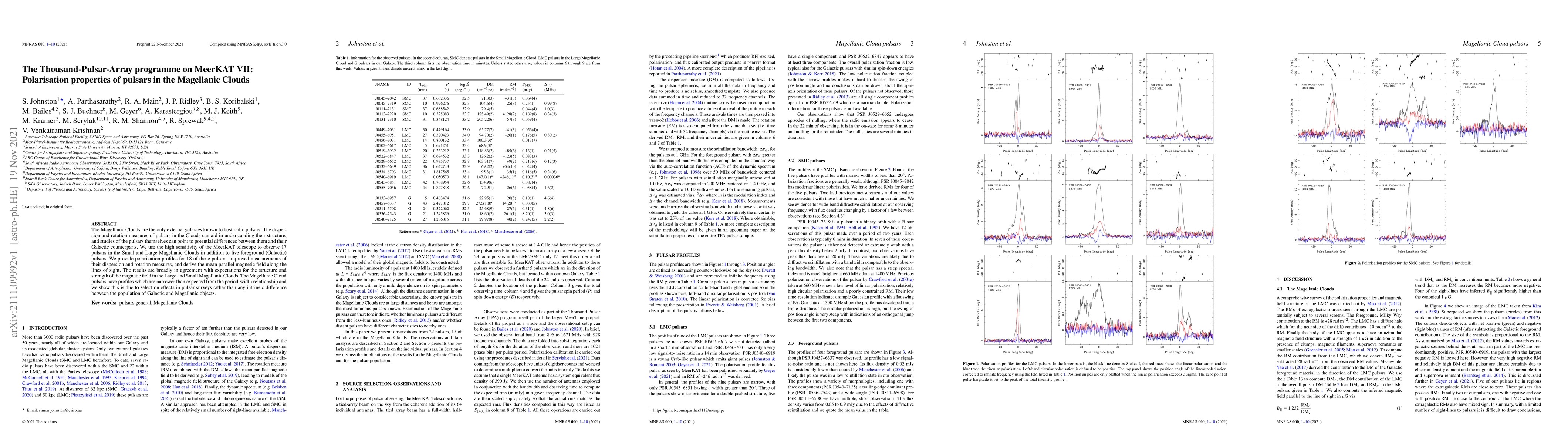 Thumbnail for The Thousand-Pulsar-Array programme on MeerKAT VII: Polarisation
  properties of pulsars in the Magellanic Clouds
