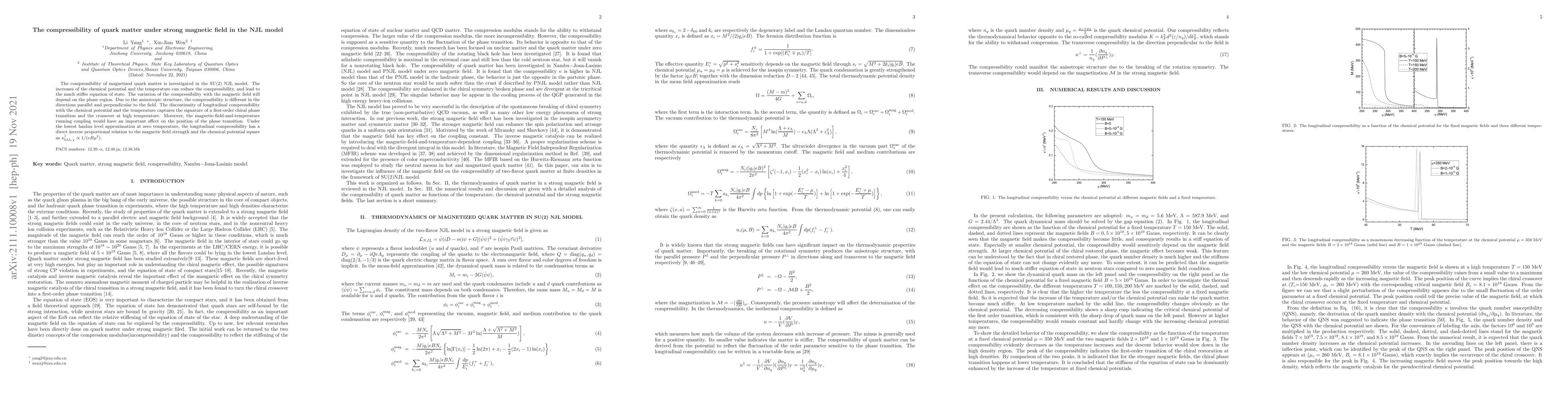 Thumbnail for The compressibility of quark matter under strong magnetic field in the
  NJL model