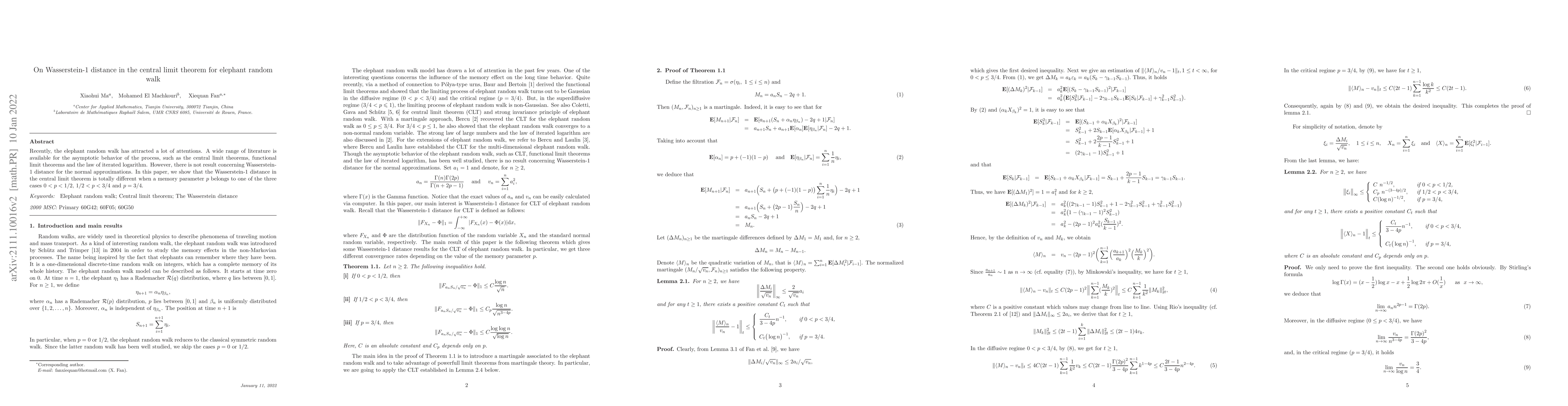 Thumbnail for On Wasserstein-1 distance in the central limit theorem for elephant
  random walk