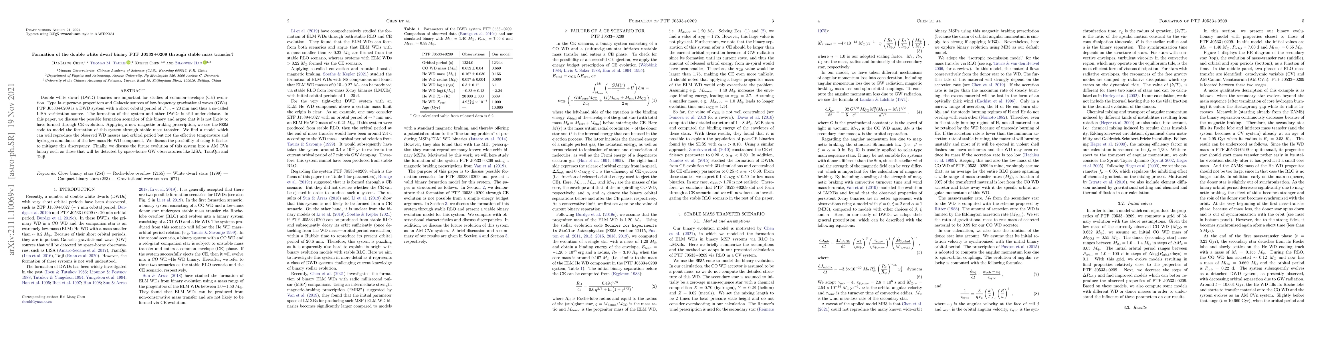 Thumbnail for Formation of the double white dwarf binary PTF J0533+0209 through stable
  mass transfer?