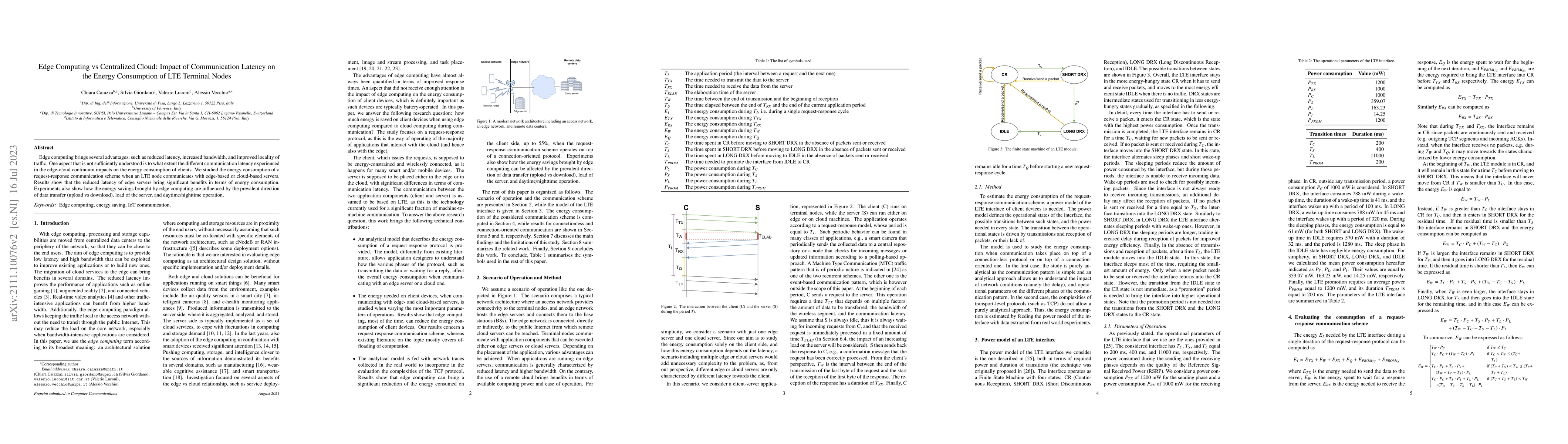 Thumbnail for Edge Computing vs Centralized Cloud: Impact of Communication Latency on
  the Energy Consumption of LTE Terminal Nodes