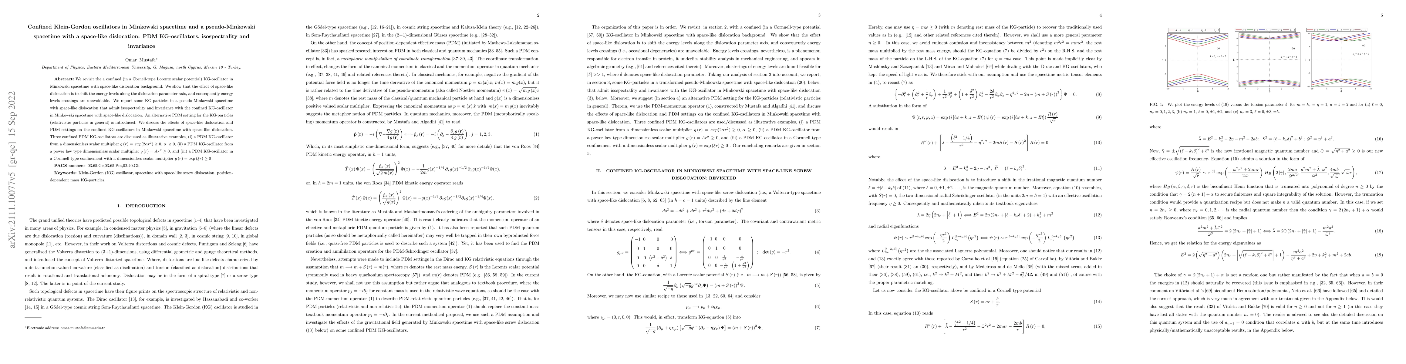 Thumbnail for Confined Klein-Gordon oscillators in Minkowski spacetime and a
  pseudo-Minkowski spacetime with a space-like dislocation: PDM KG-oscillators,
  isospectrality and invariance